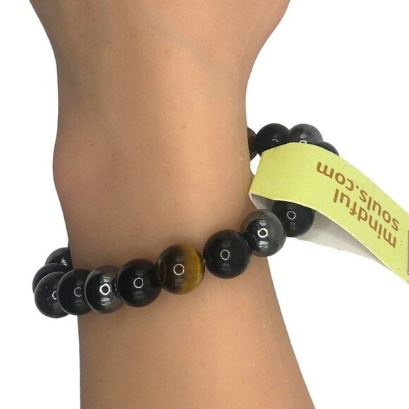Mindful Souls Triple Stone Protection Bracelet Hematite Tigers Eye Obsidian - Picture 2 of 3